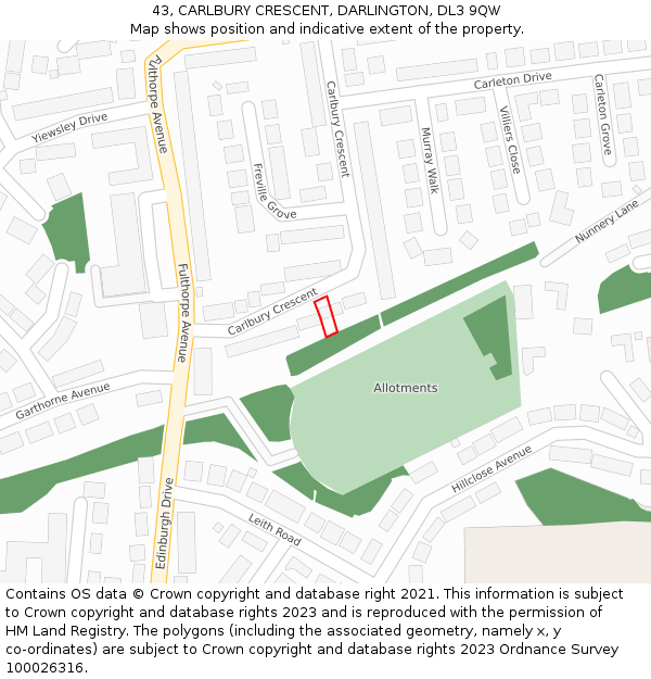 43, CARLBURY CRESCENT, DARLINGTON, DL3 9QW: Location map and indicative extent of plot