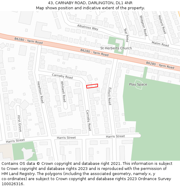 43, CARNABY ROAD, DARLINGTON, DL1 4NR: Location map and indicative extent of plot