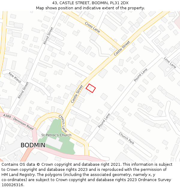 43, CASTLE STREET, BODMIN, PL31 2DX: Location map and indicative extent of plot