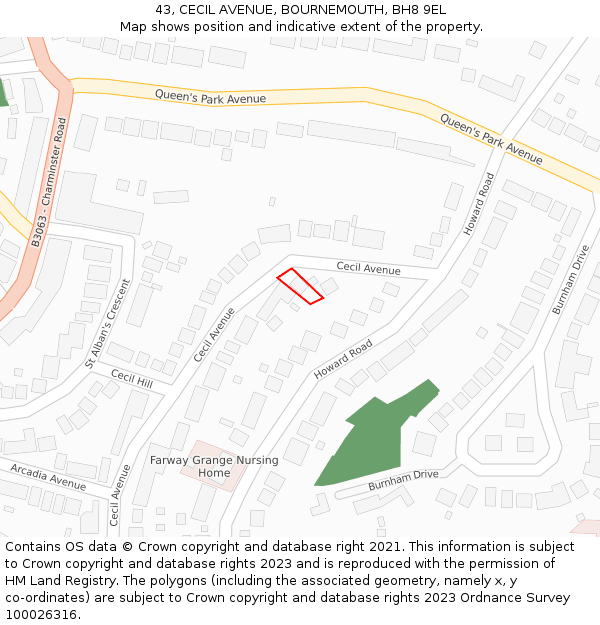 43, CECIL AVENUE, BOURNEMOUTH, BH8 9EL: Location map and indicative extent of plot