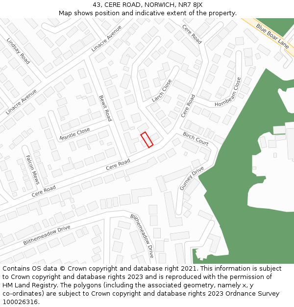 43, CERE ROAD, NORWICH, NR7 8JX: Location map and indicative extent of plot