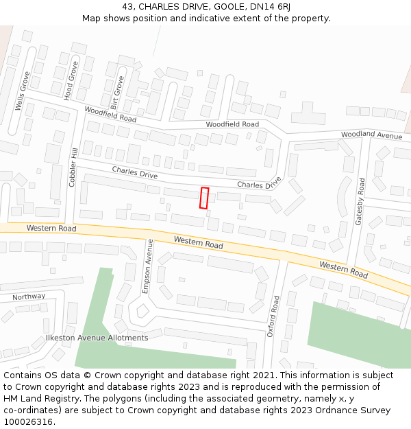 43, CHARLES DRIVE, GOOLE, DN14 6RJ: Location map and indicative extent of plot
