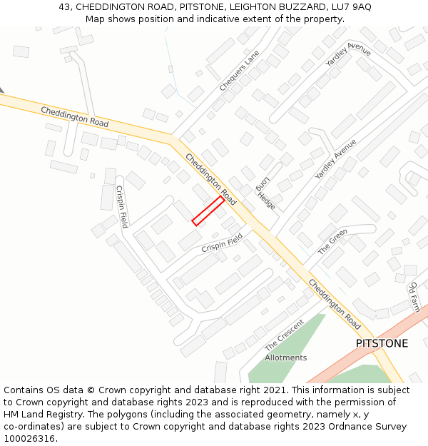 43, CHEDDINGTON ROAD, PITSTONE, LEIGHTON BUZZARD, LU7 9AQ: Location map and indicative extent of plot