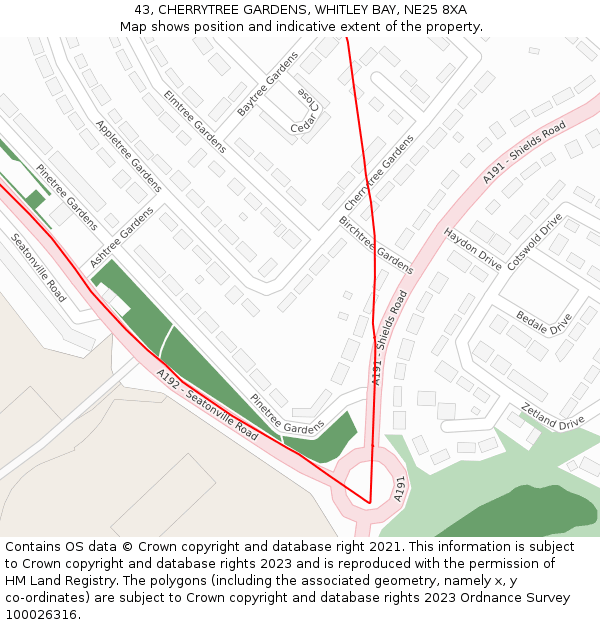 43, CHERRYTREE GARDENS, WHITLEY BAY, NE25 8XA: Location map and indicative extent of plot