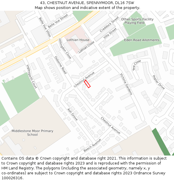 43, CHESTNUT AVENUE, SPENNYMOOR, DL16 7SW: Location map and indicative extent of plot