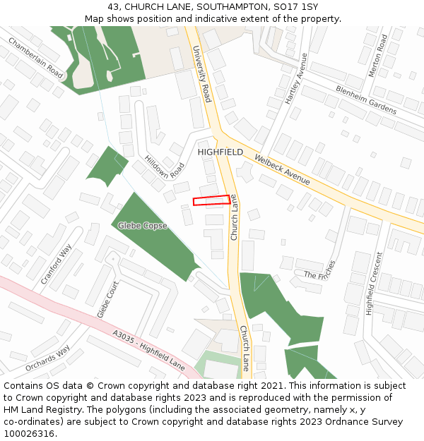 43, CHURCH LANE, SOUTHAMPTON, SO17 1SY: Location map and indicative extent of plot