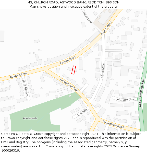 43, CHURCH ROAD, ASTWOOD BANK, REDDITCH, B96 6DH: Location map and indicative extent of plot