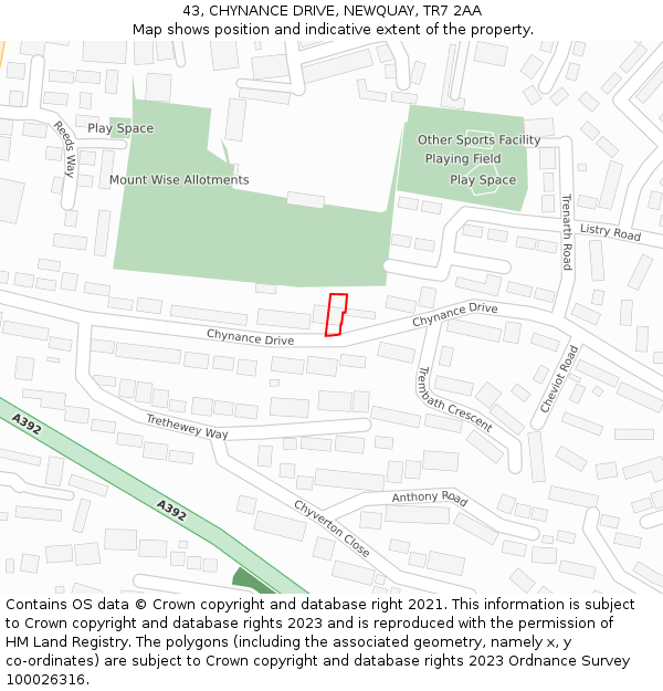 43, CHYNANCE DRIVE, NEWQUAY, TR7 2AA: Location map and indicative extent of plot
