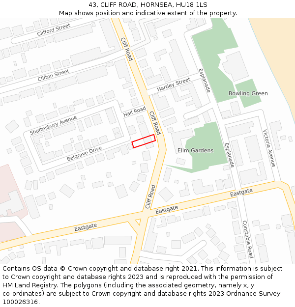 43, CLIFF ROAD, HORNSEA, HU18 1LS: Location map and indicative extent of plot
