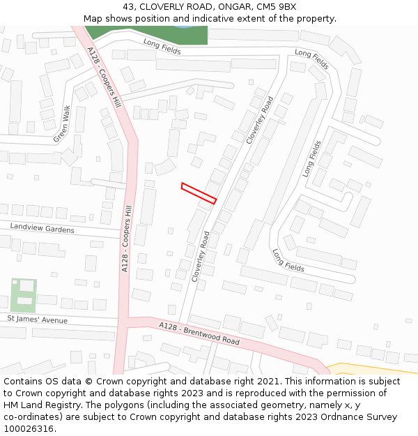 43, CLOVERLY ROAD, ONGAR, CM5 9BX: Location map and indicative extent of plot