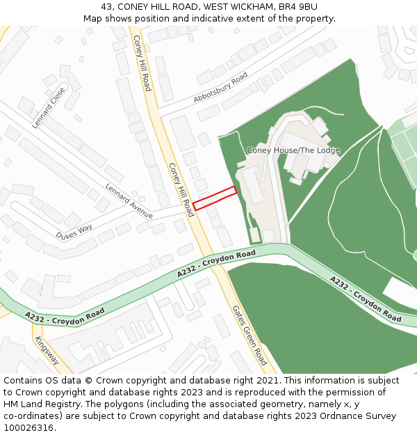43, CONEY HILL ROAD, WEST WICKHAM, BR4 9BU: Location map and indicative extent of plot