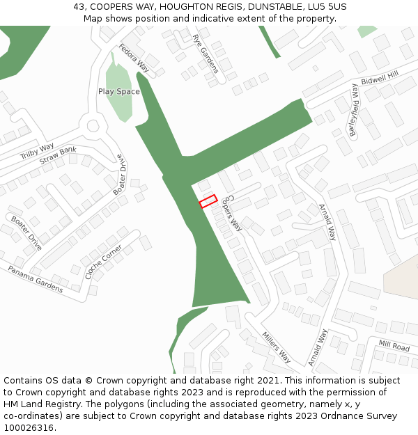 43, COOPERS WAY, HOUGHTON REGIS, DUNSTABLE, LU5 5US: Location map and indicative extent of plot
