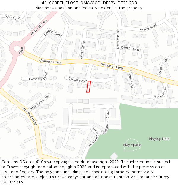 43, CORBEL CLOSE, OAKWOOD, DERBY, DE21 2DB: Location map and indicative extent of plot