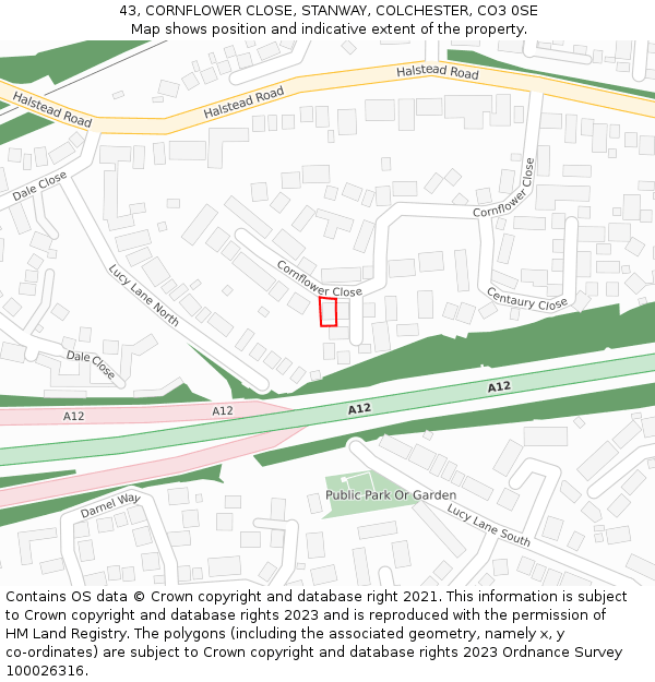 43, CORNFLOWER CLOSE, STANWAY, COLCHESTER, CO3 0SE: Location map and indicative extent of plot