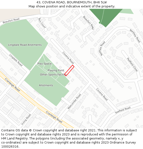 43, COVENA ROAD, BOURNEMOUTH, BH6 5LW: Location map and indicative extent of plot
