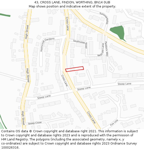 43, CROSS LANE, FINDON, WORTHING, BN14 0UB: Location map and indicative extent of plot