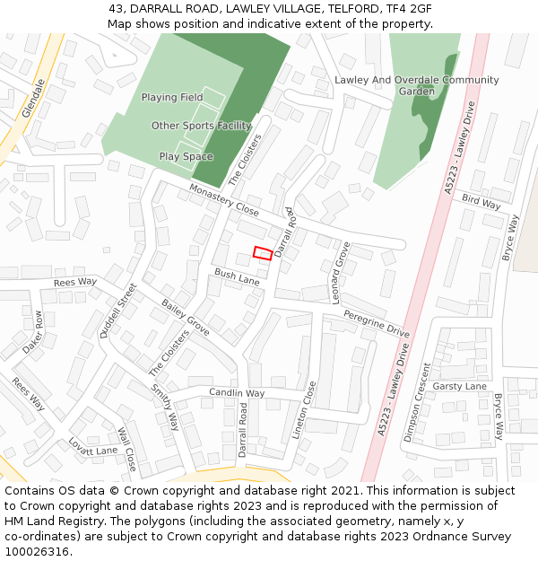 43, DARRALL ROAD, LAWLEY VILLAGE, TELFORD, TF4 2GF: Location map and indicative extent of plot