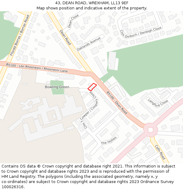 43, DEAN ROAD, WREXHAM, LL13 9EF: Location map and indicative extent of plot