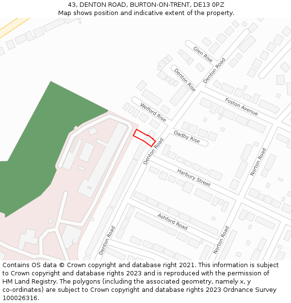 43, DENTON ROAD, BURTON-ON-TRENT, DE13 0PZ: Location map and indicative extent of plot