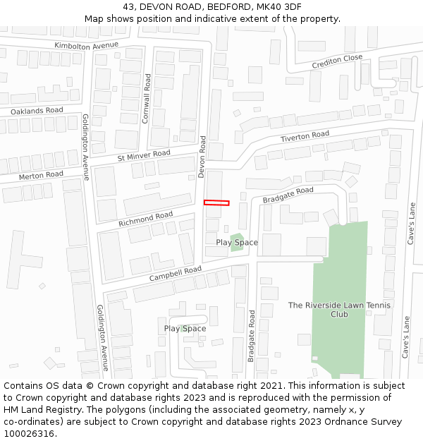 43, DEVON ROAD, BEDFORD, MK40 3DF: Location map and indicative extent of plot