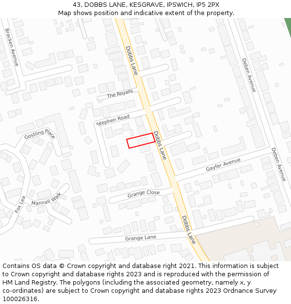 43, DOBBS LANE, KESGRAVE, IPSWICH, IP5 2PX: Location map and indicative extent of plot