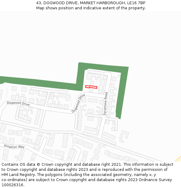 43, DOGWOOD DRIVE, MARKET HARBOROUGH, LE16 7BP: Location map and indicative extent of plot