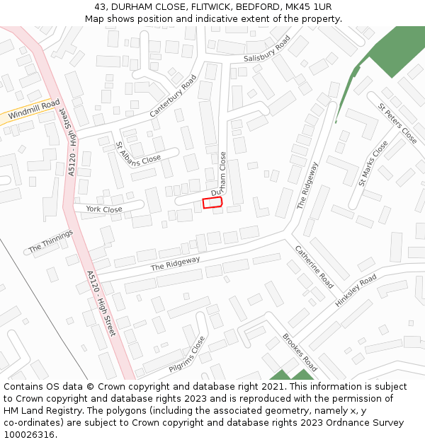 43, DURHAM CLOSE, FLITWICK, BEDFORD, MK45 1UR: Location map and indicative extent of plot