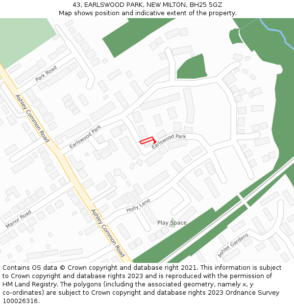 43, EARLSWOOD PARK, NEW MILTON, BH25 5GZ: Location map and indicative extent of plot
