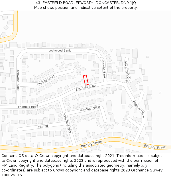 43, EASTFIELD ROAD, EPWORTH, DONCASTER, DN9 1JQ: Location map and indicative extent of plot