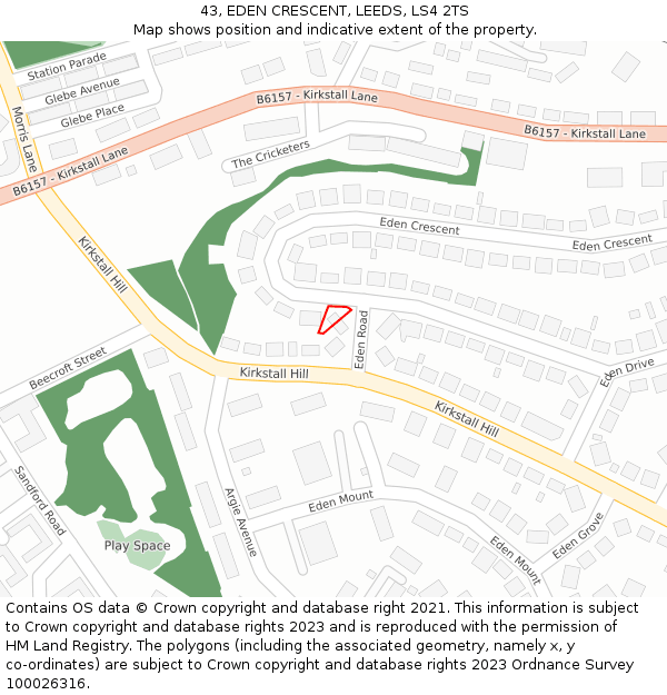43, EDEN CRESCENT, LEEDS, LS4 2TS: Location map and indicative extent of plot
