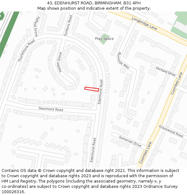 43, EDENHURST ROAD, BIRMINGHAM, B31 4PH: Location map and indicative extent of plot