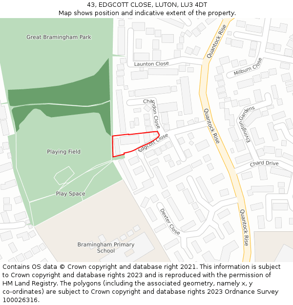 43, EDGCOTT CLOSE, LUTON, LU3 4DT: Location map and indicative extent of plot