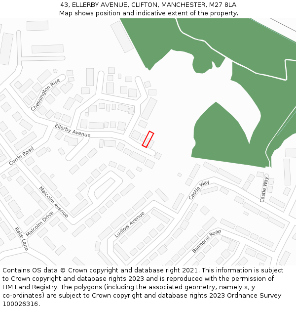 43, ELLERBY AVENUE, CLIFTON, MANCHESTER, M27 8LA: Location map and indicative extent of plot