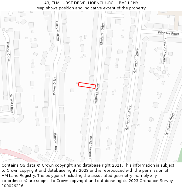43, ELMHURST DRIVE, HORNCHURCH, RM11 1NY: Location map and indicative extent of plot