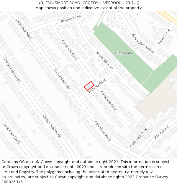 43, ENNISMORE ROAD, CROSBY, LIVERPOOL, L23 7UQ: Location map and indicative extent of plot