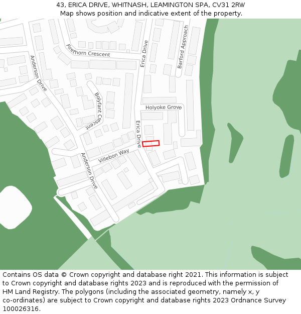 43, ERICA DRIVE, WHITNASH, LEAMINGTON SPA, CV31 2RW: Location map and indicative extent of plot