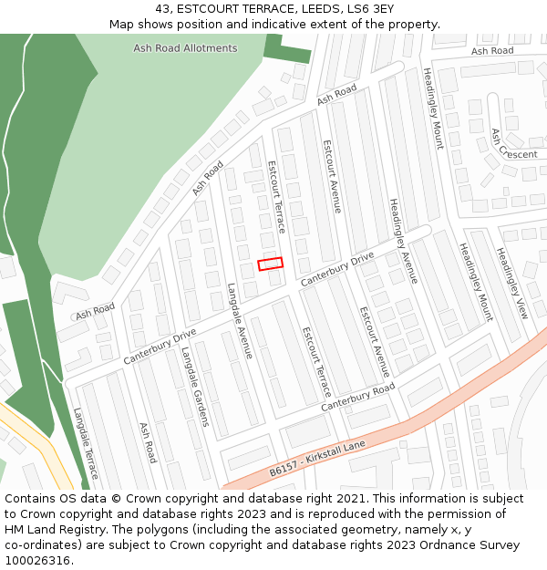 43, ESTCOURT TERRACE, LEEDS, LS6 3EY: Location map and indicative extent of plot