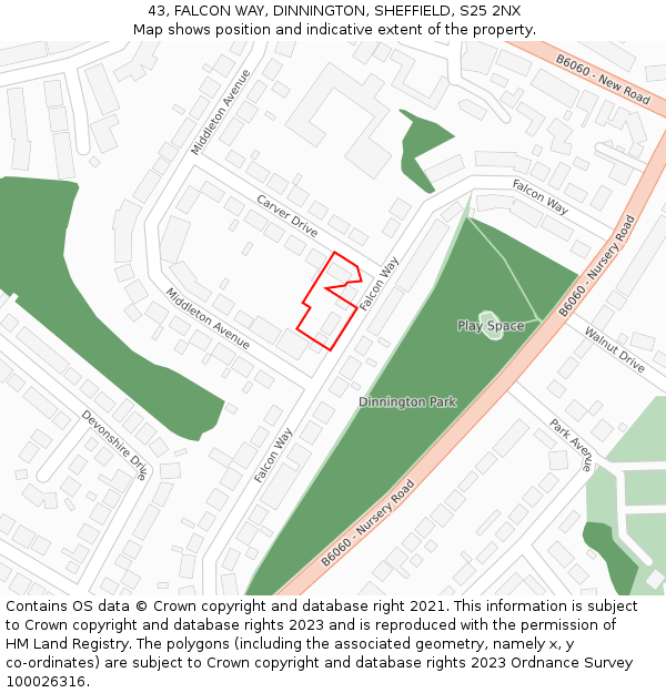 43, FALCON WAY, DINNINGTON, SHEFFIELD, S25 2NX: Location map and indicative extent of plot