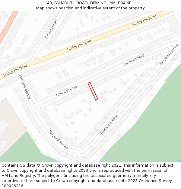 43, FALMOUTH ROAD, BIRMINGHAM, B34 6EH: Location map and indicative extent of plot