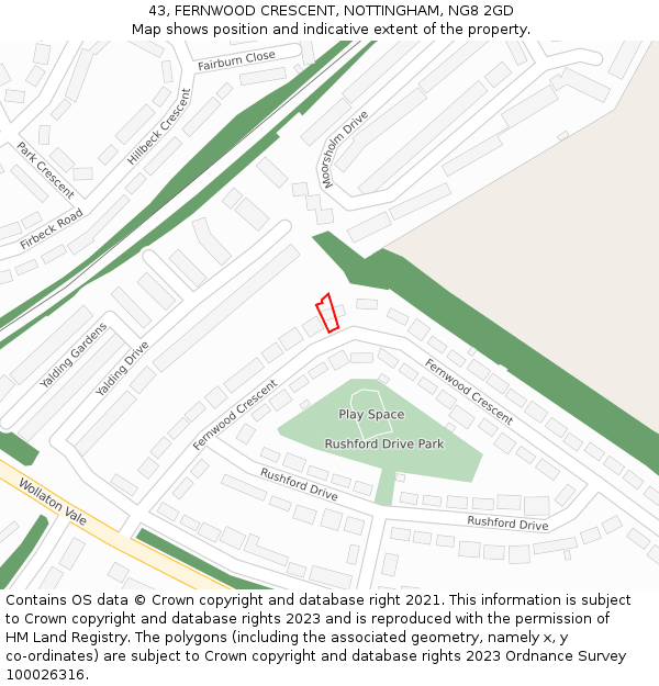 43, FERNWOOD CRESCENT, NOTTINGHAM, NG8 2GD: Location map and indicative extent of plot