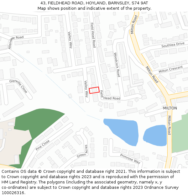 43, FIELDHEAD ROAD, HOYLAND, BARNSLEY, S74 9AT: Location map and indicative extent of plot