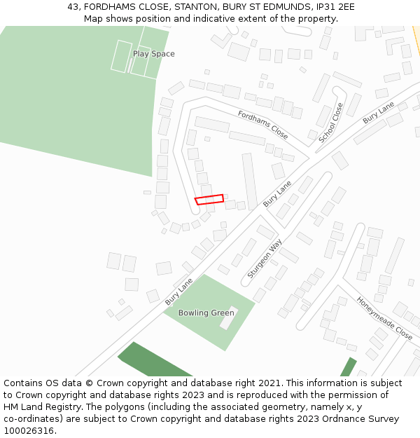 43, FORDHAMS CLOSE, STANTON, BURY ST EDMUNDS, IP31 2EE: Location map and indicative extent of plot