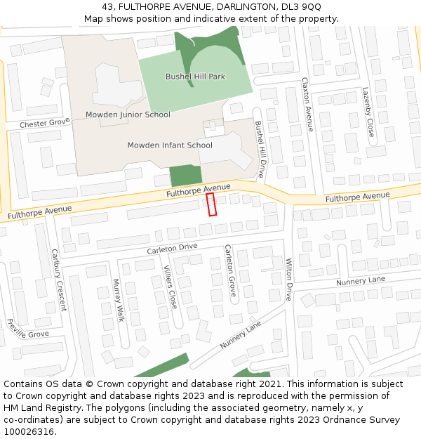 43, FULTHORPE AVENUE, DARLINGTON, DL3 9QQ: Location map and indicative extent of plot