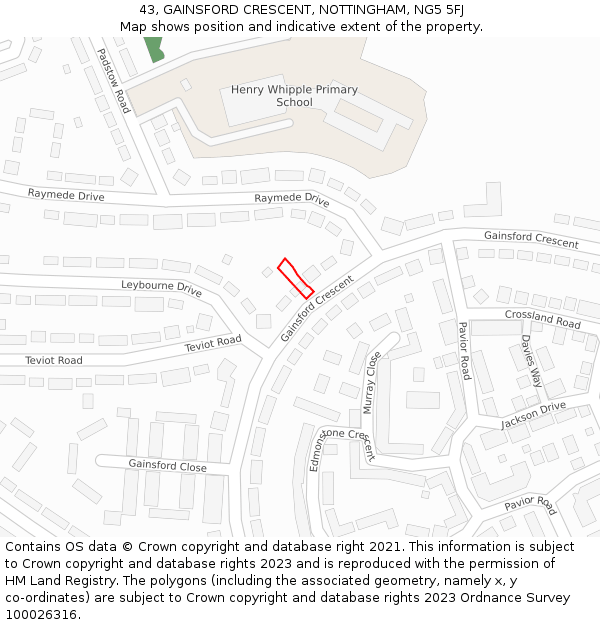 43, GAINSFORD CRESCENT, NOTTINGHAM, NG5 5FJ: Location map and indicative extent of plot