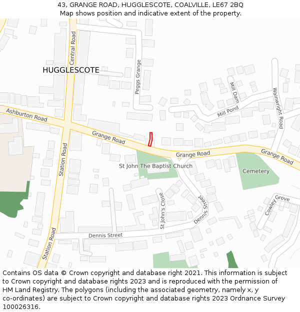 43, GRANGE ROAD, HUGGLESCOTE, COALVILLE, LE67 2BQ: Location map and indicative extent of plot