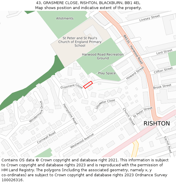 43, GRASMERE CLOSE, RISHTON, BLACKBURN, BB1 4EL: Location map and indicative extent of plot