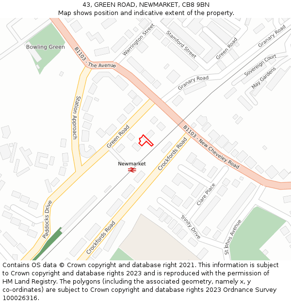 43, GREEN ROAD, NEWMARKET, CB8 9BN: Location map and indicative extent of plot