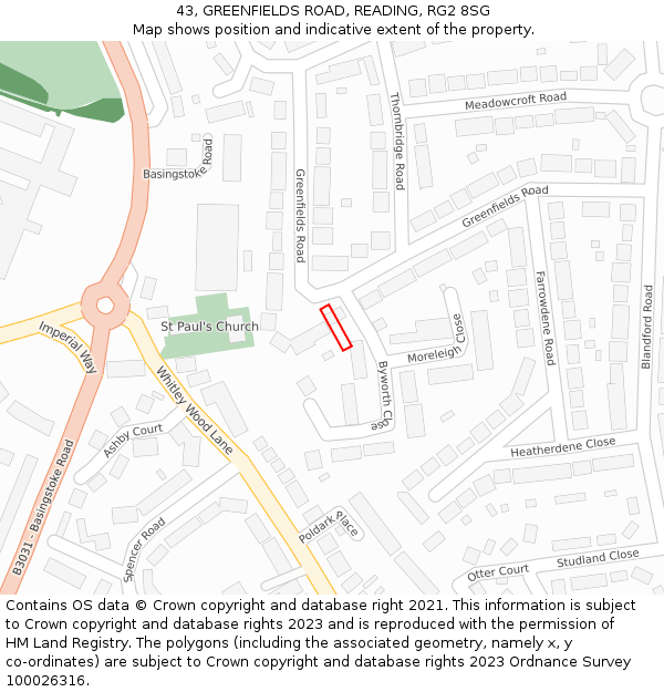 43, GREENFIELDS ROAD, READING, RG2 8SG: Location map and indicative extent of plot