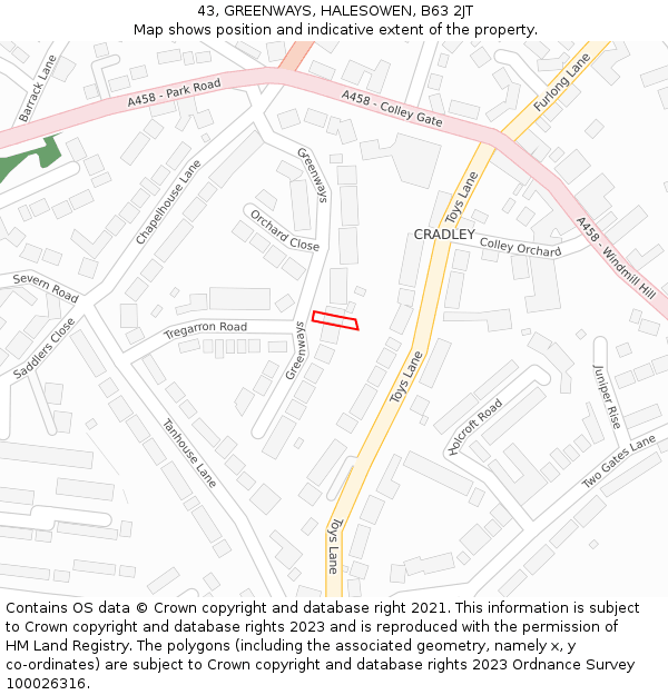 43, GREENWAYS, HALESOWEN, B63 2JT: Location map and indicative extent of plot
