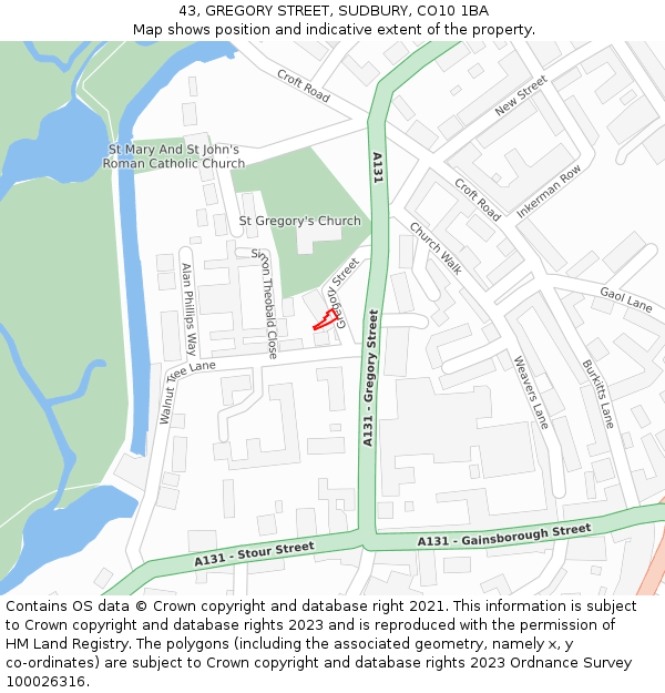 43, GREGORY STREET, SUDBURY, CO10 1BA: Location map and indicative extent of plot
